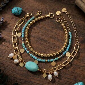 18K Gold Plated Stainless Steel Jade Freshwater Pearl Stackable Bracelet Set